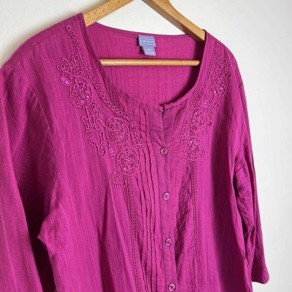 Laura Scott Boho Top Size Extra Large Pink Embroidered Peasant Button Up 3/4 - Picture 3 of 14